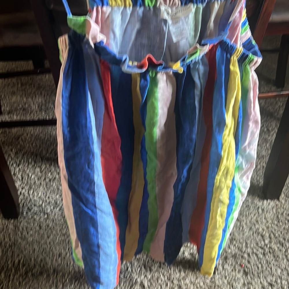 Mara Hoffman 100% Organic Linen Rainbow Striped Resort Wear Ruffled Mini Dress